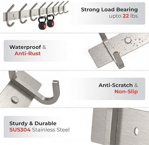 Coat Rack Wall Mount – Brushed Nickel 24 Inch Stainless Steel Hook Rail with 8 Heavy Duty Double Coat Hooks – Wall Mounted Coat Hanger for Entryway, Bathroom, Bedroom, Towel, Hat Organizer - Image 4