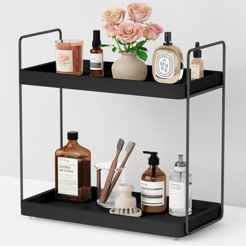 Forbena Black Bathroom Counter Organizer, Tiered Bathroom Organizer Countertop Tray, Corner Makeup Vanity Shelf Organizers and Storage for Men Perfume Skin Care Kitchen Sink Coffee Bar Station by Forbena