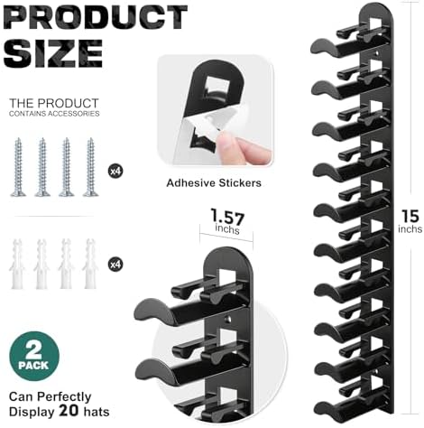 Hat Hook for Wall, 2 Pack Hat Organizer Hold up to 20 Hats,Hat Holder with Strong Adhesive and 8 Pack Screws, Cap Holder Hat Hangers for Wall Closet Door and Bedroom(B-Black) - Image 2