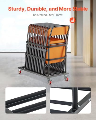 VEVOR Folding Chair Rack, 300 LBS Capacity, L-Shape Vertical Placement Chair Cart for 25 Chairs, Heavy-Duty Metal Chair Storage Dolly with Rubber Wheels, Multi-Function Chair Holder, Matte Black - Image 3