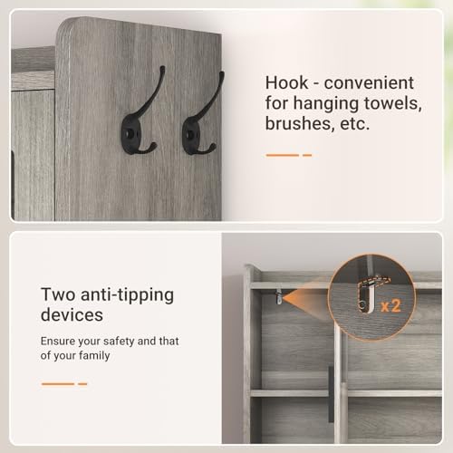 ELYKEN Over The Toilet Storage Cabinet with Pulley & Glass Doors, Grey - Image 7