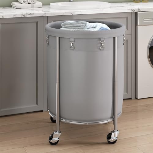ELYKEN Laundry Basket with Wheels, Round Rolling Laundry Hamper, Gray - Image 7