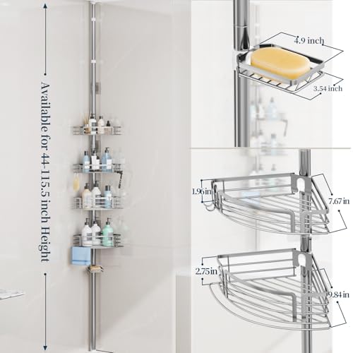 Consumest Corner Shower Caddy Tension Pole - Rustproof Shower Shelves with Towel Bar & Soap Holder, Adjustable Bath Organizer for Bathroom Storage, 27.6-108.3 inch, Silver - Image 3