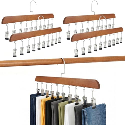 4-Pack Pants Hangers with Clips – 10 Clips Each, Space Saving Closet Organizer Hanger for Leggings, Jeans, Hats, Shorts, Belts, Scarves – Closet Organizer (4, Brown) by Unknown