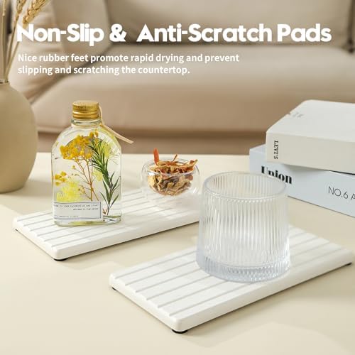 2PCS Water Absorbing Stone Drying Tray Mat for Bathroom Sink & Kitchen Counter Faucet Organizer, Quick Dry Dish Rack Soap Dispenser Sponge Holder, Vanity Sink Caddy Bar Coaster, Ivory White 8“x 4” - Image 4
