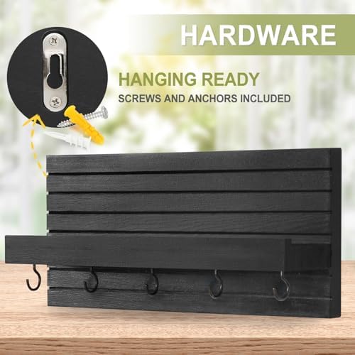 Lwenki Decorative Key Holder for Wall with Shelf, Entryway Shelf with Hooks Holds Leashes, Jackets and Glasses – Sturdy Wood Keyholder Entrance Hanger with Mounting Hardware (Black, Medium) - Image 6