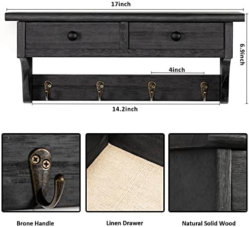 Emfogo Wood Coat Hooks Wall Mounted, Rustic Style with 4 Hooks & Shelf for Entryway, Mudroom, Bedroom, Kitchen, Bathroom (Black) - Image 5