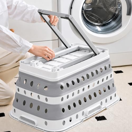 Collapsible Laundry Basket with Wheels & Folding Legs - 13.5 Gallon (51L) Large Foldable Pop-Up Clothes Hamper, Ergonomic Elevated Height, BPA-Free, Space Saving for Home & Dorm (Grey/White) - Image 2