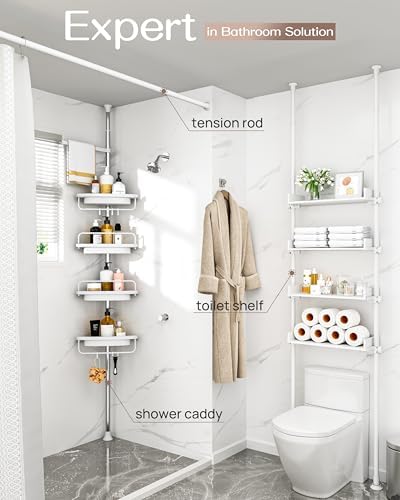 ALLZONE Corner Shower Caddy Tension Pole, Extendable Rustproof Stainless Steel Pole & 4-Tier Adjustable Shelves for Easy Drainage and Built-to-Last Stability, 34 to 116 Inches, White - Image 3