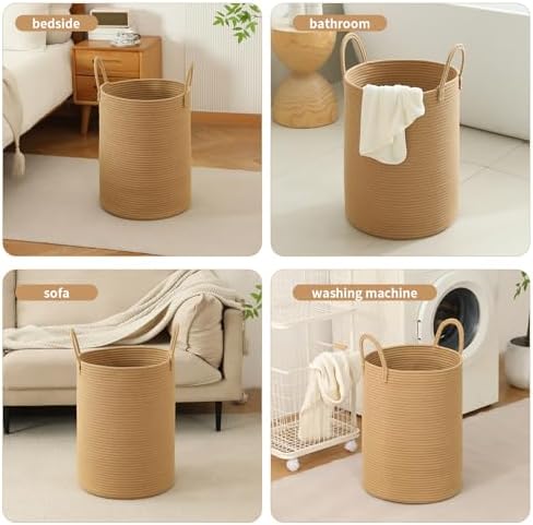 Laundry Basket Hamper Tall Rope Storage Woven for Blanket toys Dirty Clothes in Living Room Bathroom Bedroom (Jute Brown, 100L/26.4Gal) - Image 5