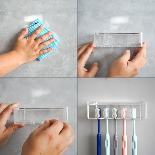 5 Slots Wall Mount Toothbrush Holder with Cover, Self Adhesive Toothbrush Storage Organizer for Shower, Toothbrush Hanger for Bathroom, Medicine Cabinet, Dorm (Clear) - Image 3