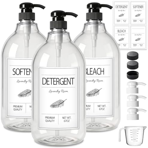 GMISUN Laundry Detergent Soap Dispenser, Plastic Liquid Laundry Detergent Dispenser, Container for Farmhouse Laundry Room Decor, Organizer for Liquid SoftenerBleach Heavy Duty Plastic Bottle(3 Pack) by GMISUN