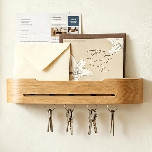 Key Holder Wall Mount with 5 Hidden Hooks Minimalis Key Hanger Rack Wood Modern Hollow Key Hook Mail Organizer Tray Shelf Home Decor for Entryway Furniture by Unknown