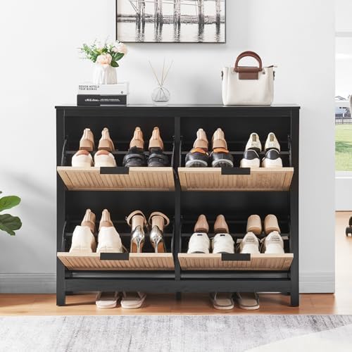 4-Flip Drawer Shoe Cabinet Narrow Entryway Rack, Oak & Black - Image 5