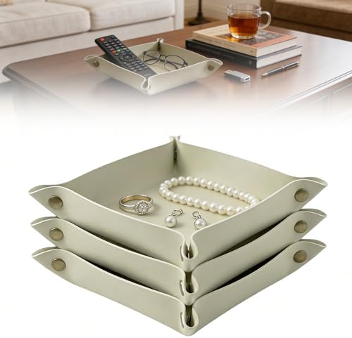 3 PACK PU Leather Jewelry Valet Tray Organizer, Foldable & Portable Catch All Bowl for Entryway Table, Nightstand, Desk & Travel | Storage Dish for Keys, Watch, Coin, Glasses (Beige Green) by Ricomboo