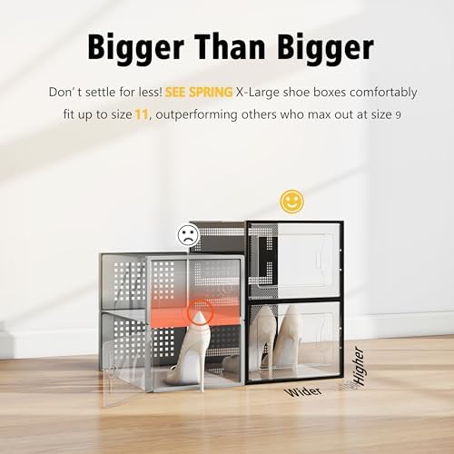 SEE SPRING X-Large Black Modern Plastic Shoe Box, 12 Pack, Clear Front Door, Stackable, Foldable, Ventilated, Fits US Size 11, 13.2''L9.1''W7.3''H Inch, 655.65 Cubic Inches, Already Assembled - Image 2
