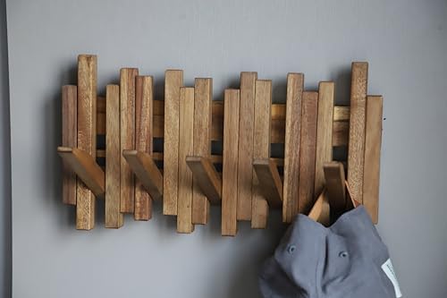 Natural Wood Wall Mounted Piano Coat Rack| Coat Rack Wall Mount| Flip Down Wall Hook Rack 5 Hooks| Entryway Wall Art Hook,Made of Acacia Wood (Wood Wax Oil staining Light Brown). - Image 3