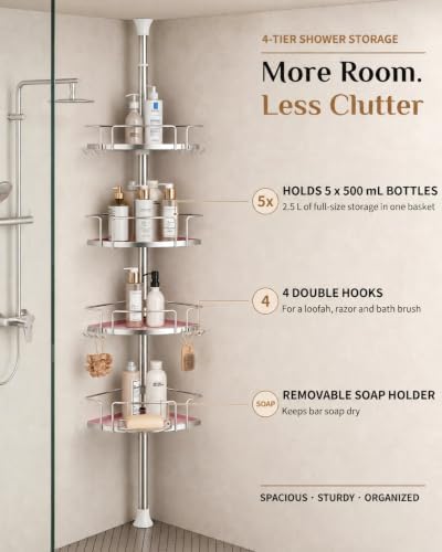 ALLZONE Corner Shower Caddy Tension Pole, 4 Hang-On Basket with Mixed-Height Shelves for Various Bottle Sizes, Extra Hooks & Soap Holder, Rustproof Stainless Steel, Fits 34–116 Inch, Silver/Pink - Image 5