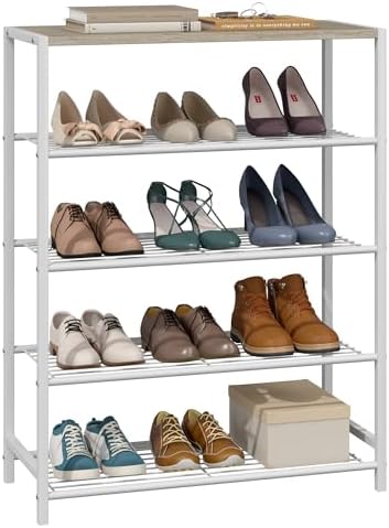 Yusong Shoe Rack Organizer, 5 Tier Industrial Shoe Storage Shelf, Narrow Sturdy Metal Shoe Shelves for Closet Entryway, White by Yusong