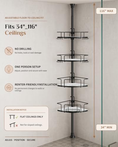 ALLZONE Corner Shower Caddy Tension Pole, 4 Hang-On Basket with Mixed-Height Shelves for Various Bottle Sizes, Extra Hooks & Soap Holder, Rustproof Stainless Steel, Fits 34–116 Inch, Black/White - Image 3
