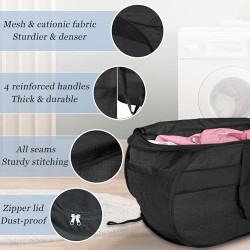 100L Extra Large Mesh Pop Up Laundry Hamper with Lid & Handles 2 Pack, XL Foldable Dirty Clothes Basket for Home Dorm Closet Storage, Portable Laundry Bin, Black. 2H - Image 5