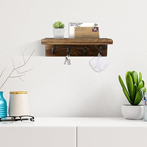 HRONRAD Rustic Key Holder for Wall, Farmhouse Wall Shelf with 4 Hooks, Wall Mounted Key Racks, Wooden Mail Organizer with Hooks for Entryway (Brown) - Image 2