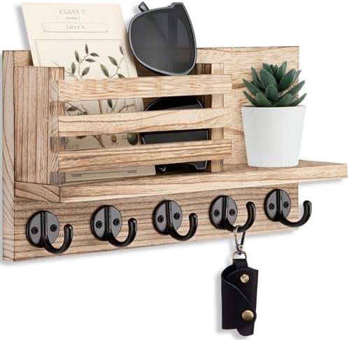 Lwenki Key Holder for Wall – Decorative Wooden Mail Holder and Key Shelf with Mounting Hardware, Installation Guide – Paulownia Wood with Metal Key Hooks (Wood, Large - 11.8inch) by Lwenki