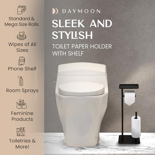 Day Moon™ - Toilet Paper Holder - Modern Roll Holder for Bathroom - 1 Pack - Free Standing - with Shelf, Black - Image 2