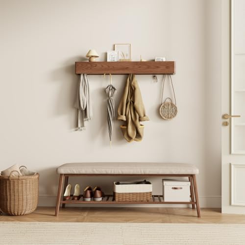 CycleCrew Solid Wood Wall Mounted Coat Rack with Shelf Hooks - Modern Floating Shelves with 8 Hidden Hooks, Heavy Duty Entryway Coat Key Holder Hanger for Hallway Bathroom Bedroom Home Decor - Image 3