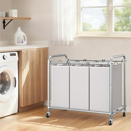 STORAGE MANIAC 3 Section Laundry Sorter, 35.6 Gal (135 L) Laundry Hamper Cart with Heavy Duty Rolling Lockable Wheels and Removable Bags, Clothes Organizer Basket Separator Hamper, Gray - Image 6