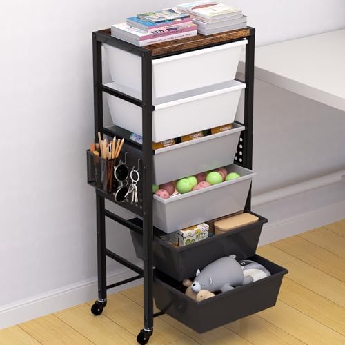 Rolling Cart with Drawers, Rolling Storage Cart with Large Plastic Drawers & Wooden Tabletop, Utility Cart with Pegboards & Basket, Storage Drawers Cart for Living Room, Classroom, Bedroom, Office by Unknown