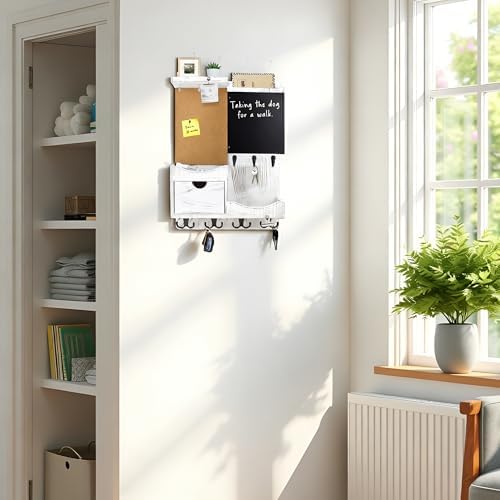 Key Holder Wall Mount with Drawer and Mail Organizer, Whitewashed - Image 4