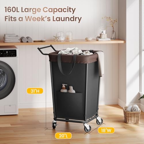 160L Laundry Hamper with Wheels and Handle, 2-Section Rolling Hamper for Laundry, Large Laundry Basket with Wheels, Rolling Laundry Basket Clothes Hamper for Home, Bathroom and Dorm(Black) - Image 2