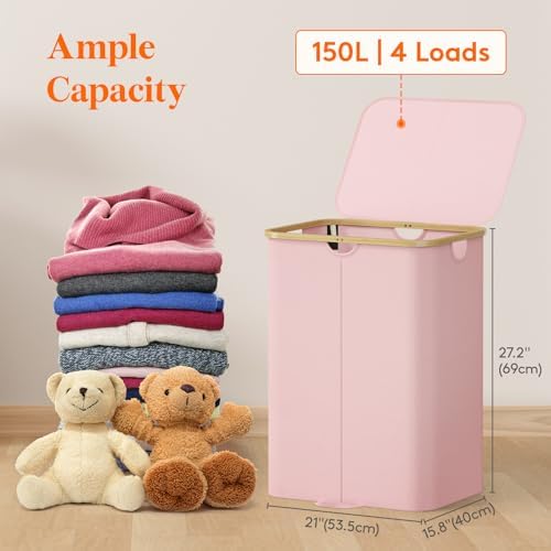 Lifewit 150L Double Laundry Hamper with Lid and Removable Bag, Pink - Image 2