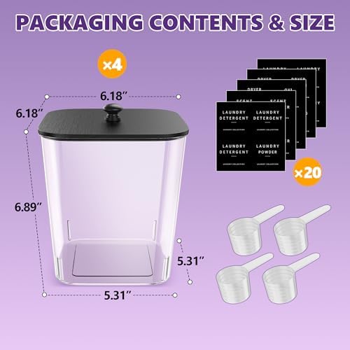 Moforoco 4 Pcs Laundry Pods Container, Clear Laundry Room Organization Containers,Large Detergent Powder Storage, Black Wooden Lids & Labels Dry Sheet Holder - Image 2