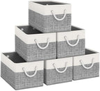 Fab totes Storage Bins 6-Pack, Foldable Storage Baskets for Organizing Toys, Books, Shelves, Closet, Large Storage Box with Rope Handles, Sturdy Organizer Bins, White & Grey by Fabtotes