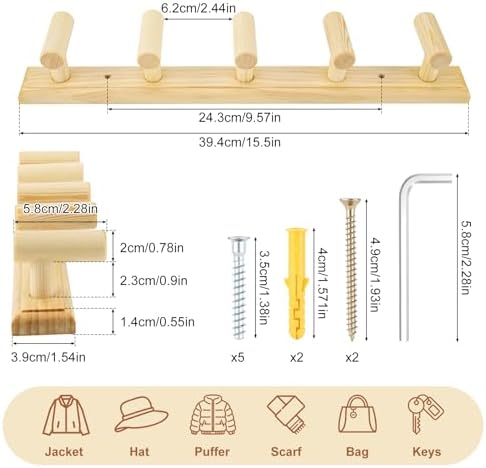 Coat Rack Wall Mount-5 Hooks, Wood Hook Rail for Towel Coat Hat Purse Bag Jacket, Towel Racks for Entryway Bathroom Kitchen Organizer Essential - Image 2