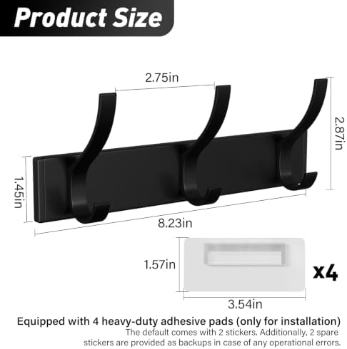 Black 3-Hook Wall Coat Rack – Modern Metal Hanging Track, No-Drill Adhesive Mount, Space-Saving Entryway Organizer for Jackets, Hats & Bags, Perfect for Bathroom, Bedroom, Hallway (2-Pack) - Image 2