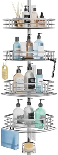 Consumest Corner Shower Caddy Tension Pole - Rustproof Shower Shelves with Towel Bar & Soap Holder, Adjustable Bath Organizer for Bathroom Storage, 27.6-108.3 inch, Silver by Consumest