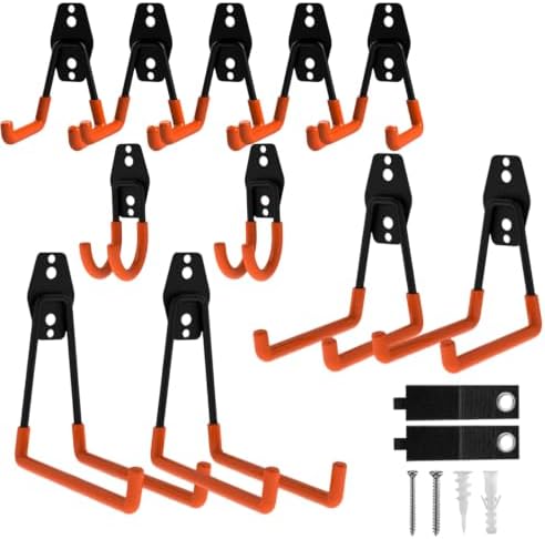 Garage Hooks, 12 Pack Wall Hooks for Hanging Heavy Duty Ladders, Bikes, Tools Ideal for Garage, Garden, Basement Utility Room Storage (Orange) by CRXCRC