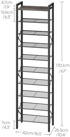 YATINEY 10-Tier Narrow Shoe Rack, Tall Shoe Rack for 10-20 Pairs, Slim Shoe Storage Organizer with Wooden Top, Space Saving, Metal Frame, for Entryway, Charcoal and Black SS68BC - Image 3