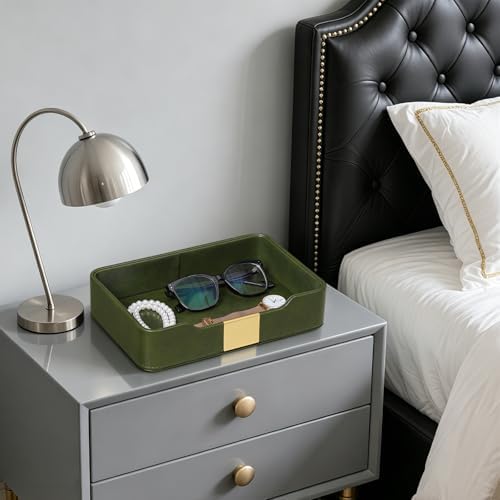 PU Leather Valet Tray, Nightstand Organizer, Catchall Tray, Green - Image 3