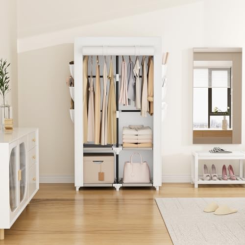 VTRIN Portable Closet Wardrobe Closet for Hanging Clothes with 4 Storage Shelves, 2 Hanging Rods and 6 Pockets, Stable and Easy Assembly Clothes Rack with Cover Free Standing Closet White - Image 2