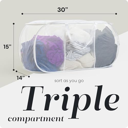 Handy Laundry Collapsible Laundry Basket, 3-Compartment Mesh Laundry Sorter, Foldable Pop Up Hamper with Handles, Space-Saving Durable Organizer for Dorm, Bedroom, Travel, White - Image 2