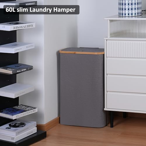 Slim Laundry Basket,60L Laundry Hamper with Lid, Tall Hamper for Laundry,Dirty Cloth Hamper with Bamboo Handle for Towels, Clothes Organizing,Grey - Image 4