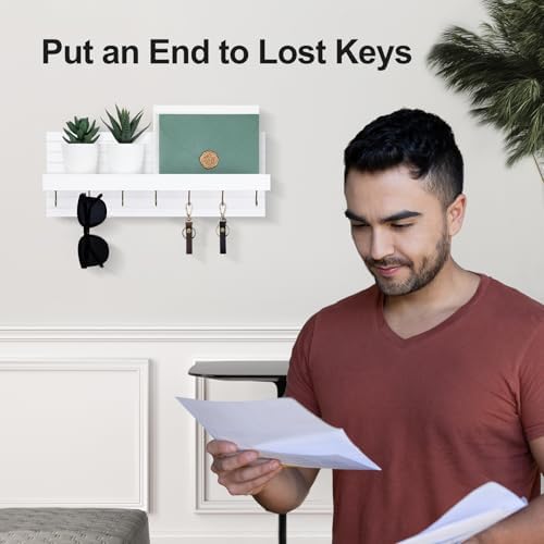 Lwenki Decorative Key Holder for Wall with Shelf, Entryway Shelf with Hooks Holds Leashes, Jackets and Glasses – Sturdy Wood Keyholder Entrance Hanger with Mounting Hardware (White, Large) - Image 5