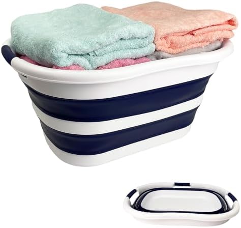 SAMMART 40L (10.5 gallon) Collapsible Plastic Laundry Hamper - Foldable Pop Up Storage Container/Organizer - Portable Washing Tub - Space Saving Basket (1, White/Starry Blue) by SAMMART