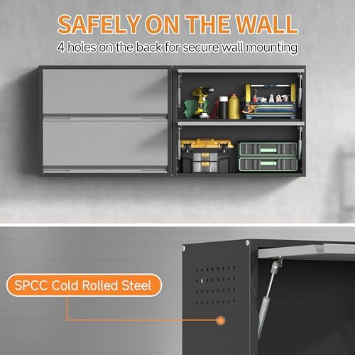 Metal Garage Wall Cabinet with Up-Flip Door, Black Float Tool Cabenit with 2 Doors,Upper Storage Cabinets with Pegboard for Kitchen,Garage,Workshop,Warehouse (25.6" H,Black&Gray) - Image 7