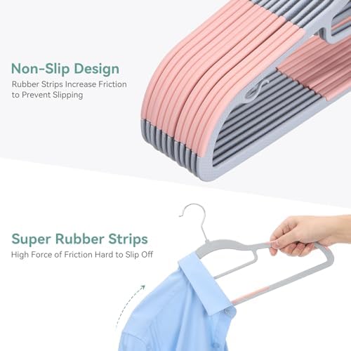 Tonswachic Pack of 50 Coat Hangers, Space-Saving Plastic Clothes Hangers, Non-Slip, 0.2 Inches Slim, 360° Swivel Silver Hook for Shirts, Pants, Suit & Wet/Dry Garments, Pink and Dark Gray - Image 3
