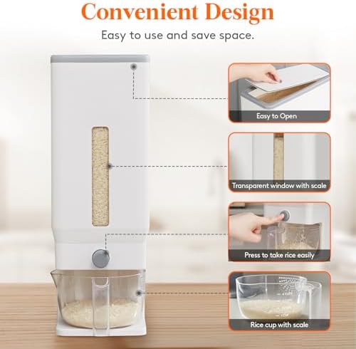 Lifewit Rice Dispenser 25 Lbs, Airtight Storage with Cup, 2 Pack White - Image 4